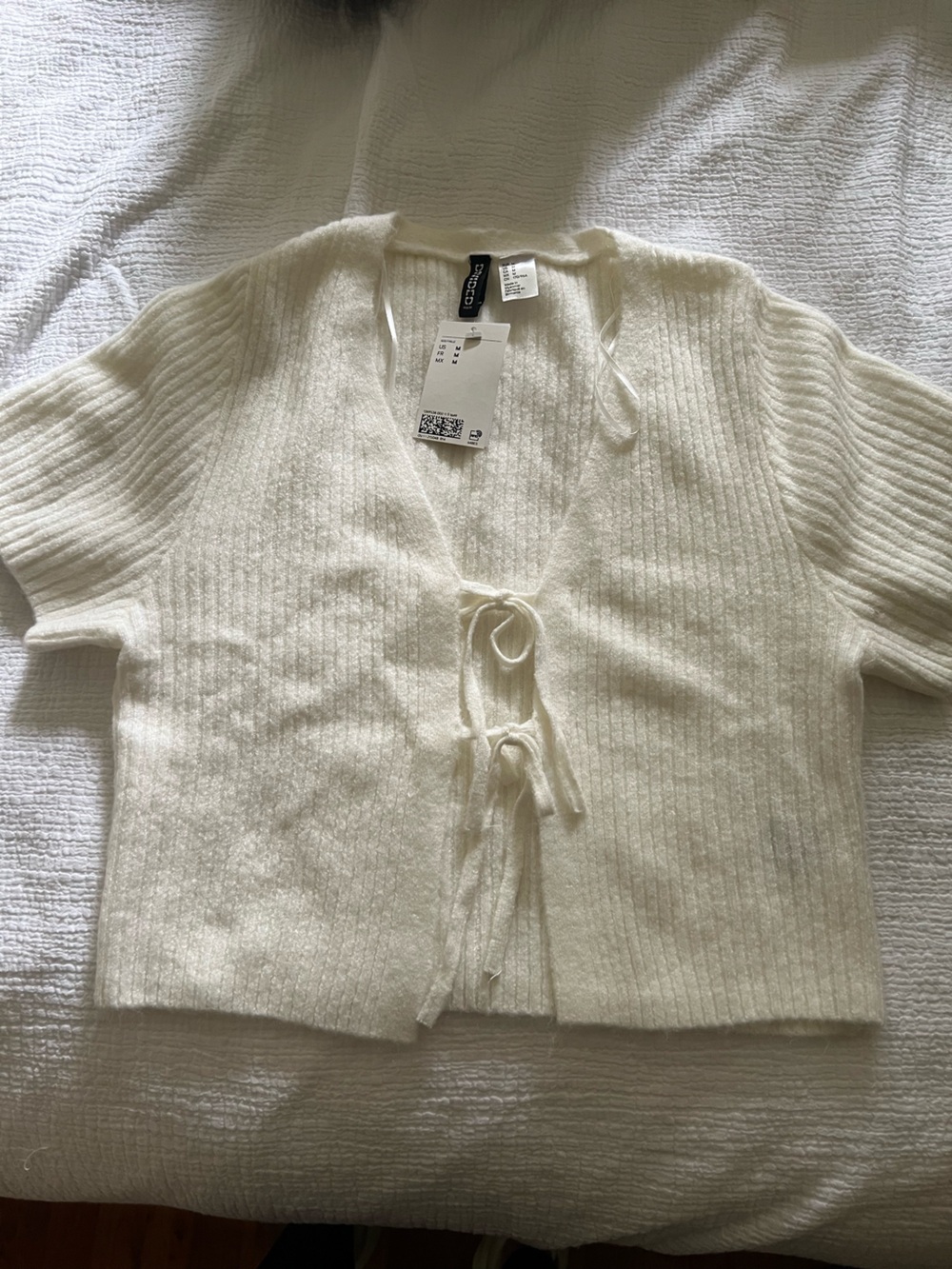 H&M Cream Ribbed Tie-Front Cropped Cardigan